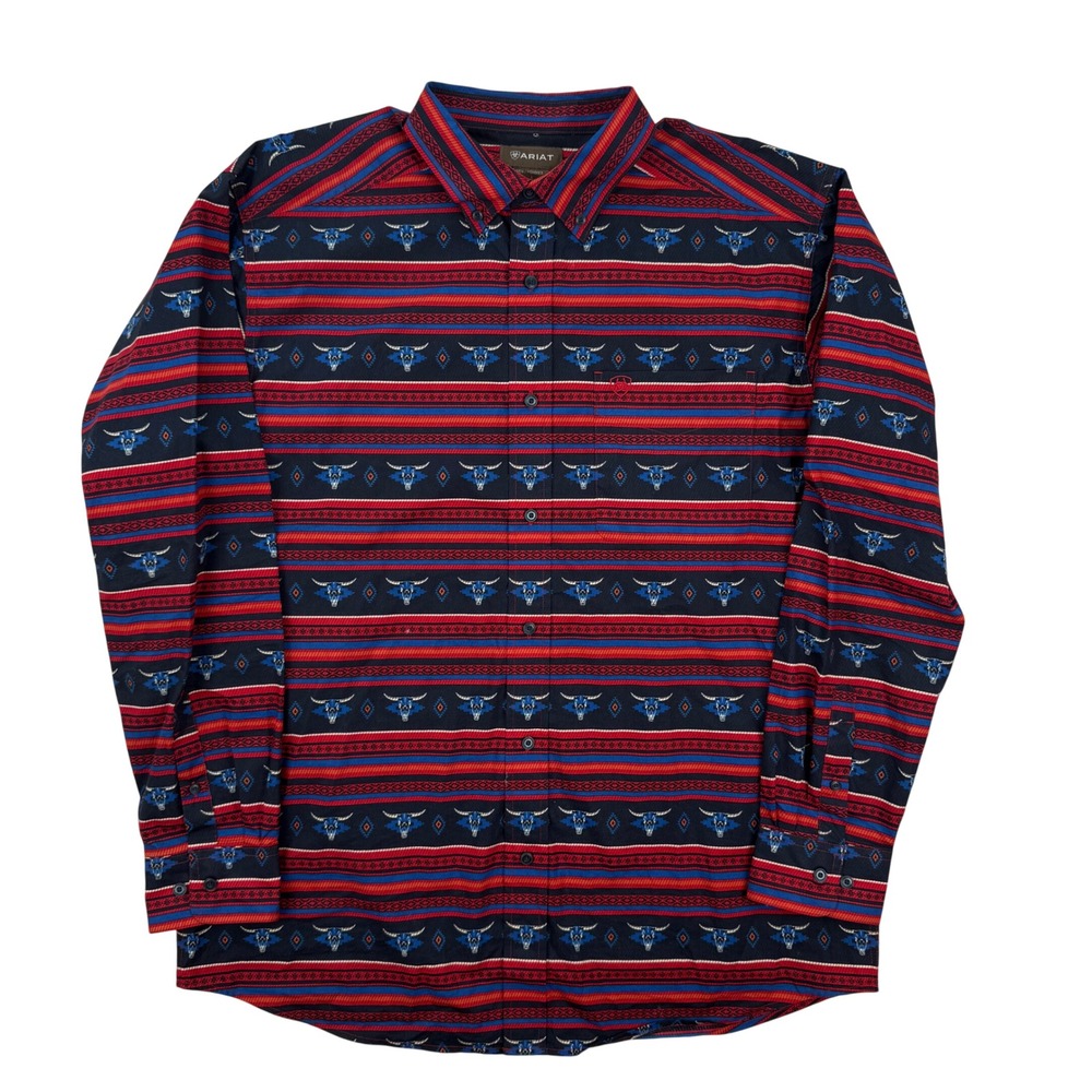 Ariat Mens Pike Classic Western Button Down Shirt Steer Skull Stripe Navy Red L - Picture 4 of 7